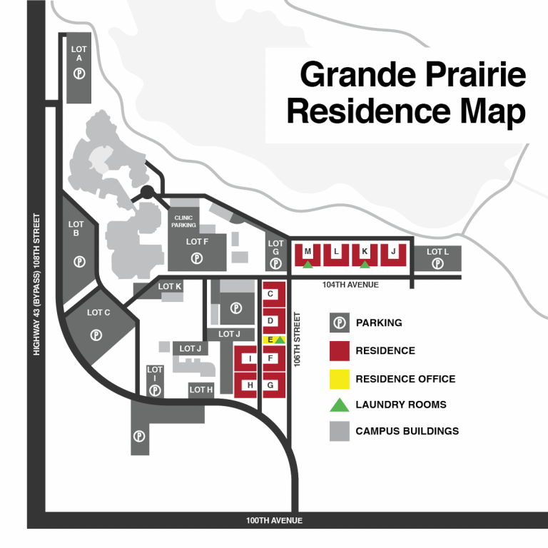 Map showing residences, laundry room and residence office on GPRC Grande Prairie campus
