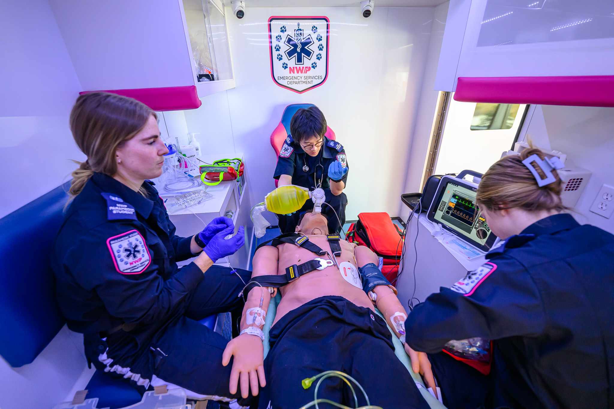 Students learning in the simulation ambulance