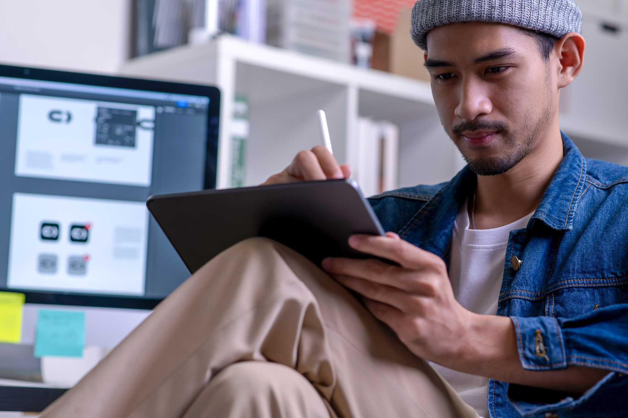 A focused graphic designer sitting and drawing on an electronic tablet