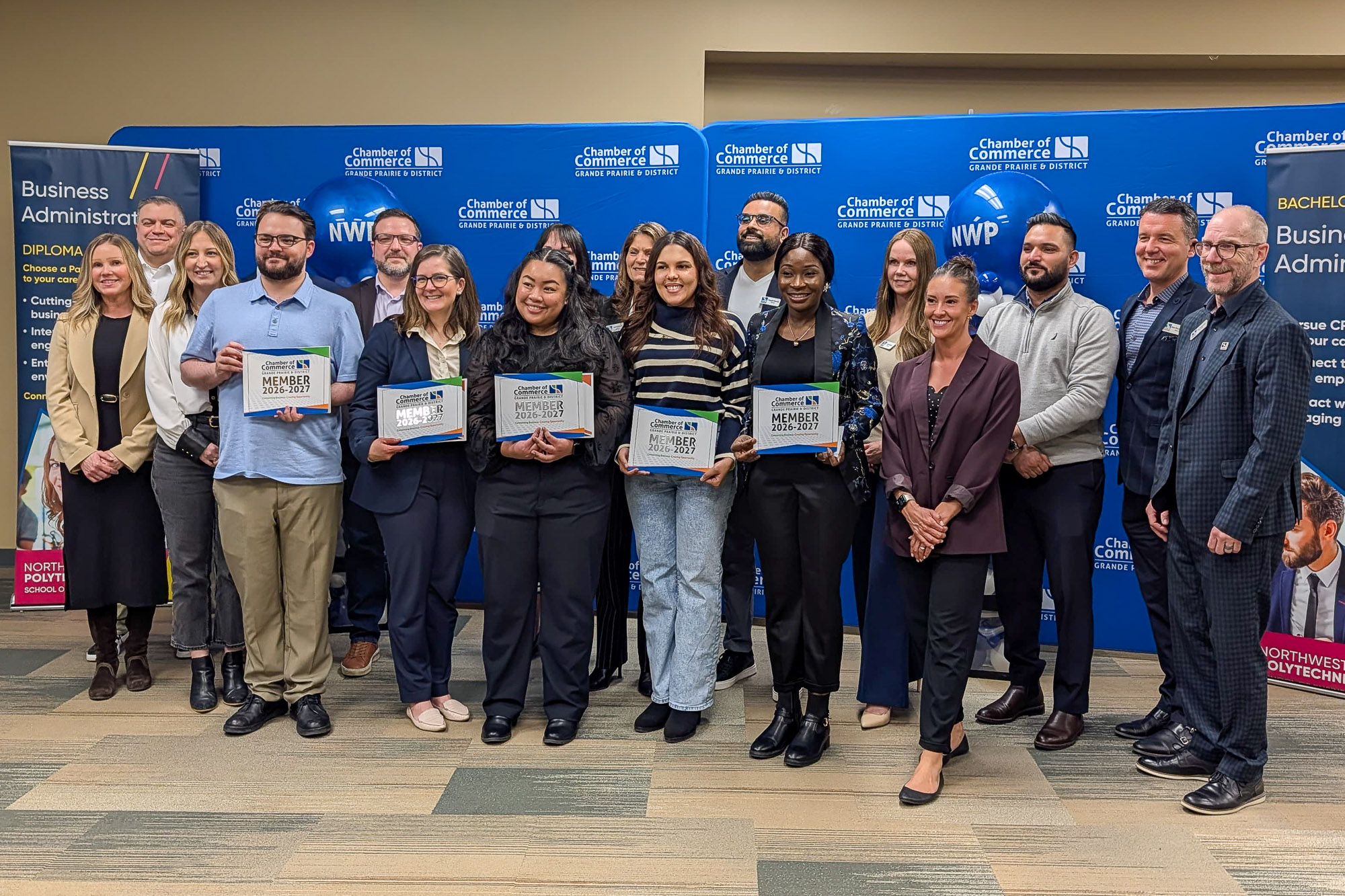 NWP Business Administration students and faculty pose in a group photo with members of the Grande Prairie & District Chamber of Commerce