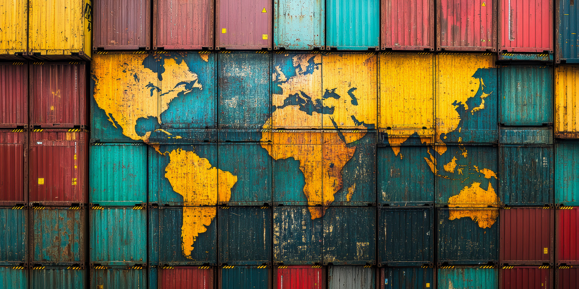 Map of the globe superimposed over the top of a colourful stack of shipping containers