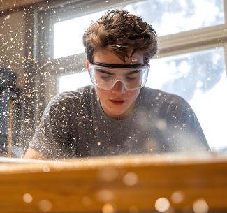 Carpentry student wearing safety goggles cutting wood with a table saw