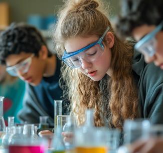 A groug of high school students wearing safety goggles, performing an experiment in a chemistry lab