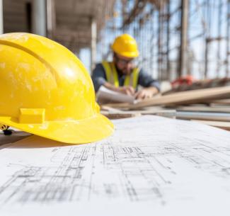 Hard hat sitting on work table with construction working looking at blueprints in background