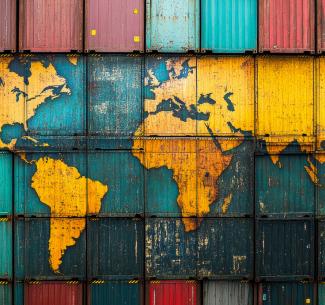 Map of the globe superimposed over the top of a colourful stack of shipping containers