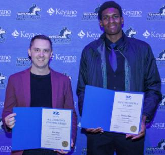 Coach Evan Lloyd (left) and 4th Year Manny Iloka (right) Bring Home ACAC Men's Basketball Awards.
