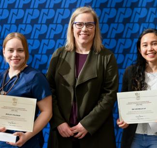 Governor General Award winner Bailey Pilgrim, NWP President and CEO Dr. Vanessa Sheane and Governor General Award winner Vichelle Uy