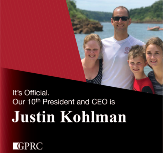 Justin Kohlman, pictured with family, has been appointed as GPRC's 10th President and CEO.