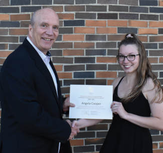 Angela Cooper, 2021 Governor General’s Collegiate Bronze Academic Medal recipient with Dr. Glenn Feltham, Acting GPRC President and CEO.