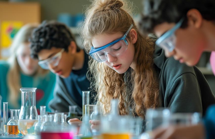 A groug of high school students wearing safety goggles, performing an experiment in a chemistry lab