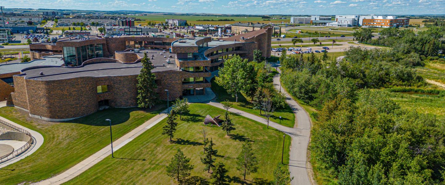 Aerial view of Grande Prairie Campus on a bright sunny summers day