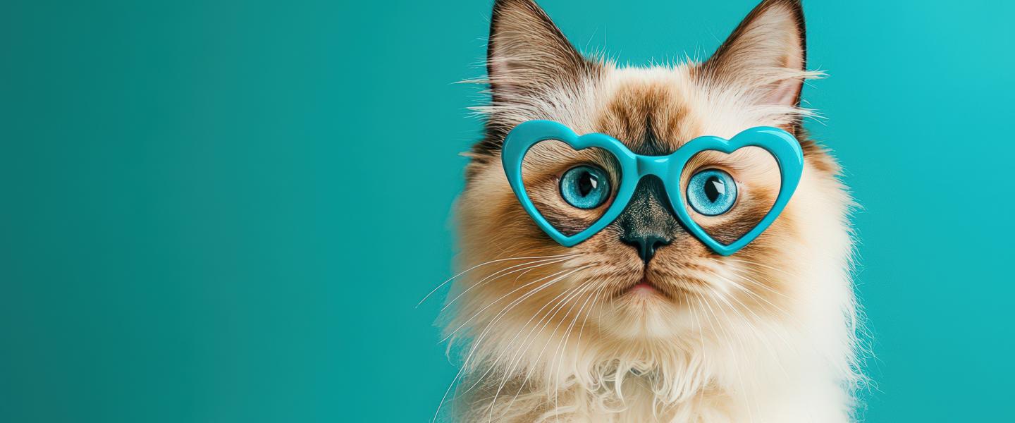 A fluffy cat wearing blue heart shaped glasses looking at the viewer