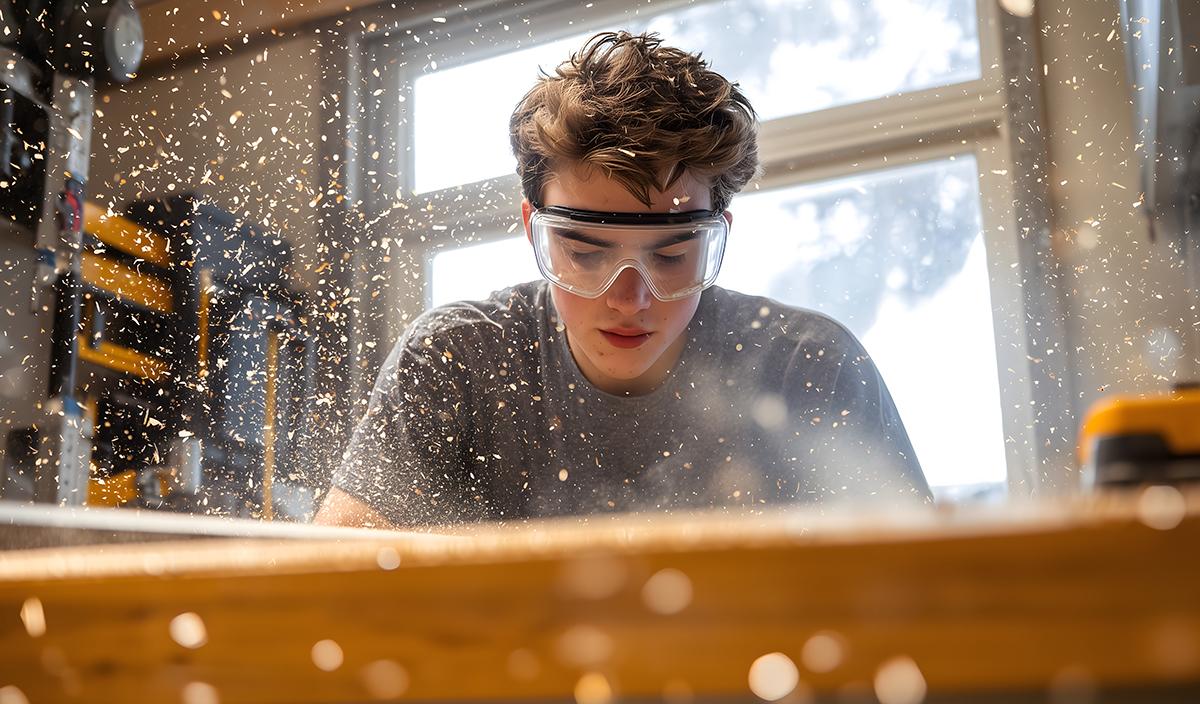 Carpentry student wearing safety goggles cutting wood with a table saw