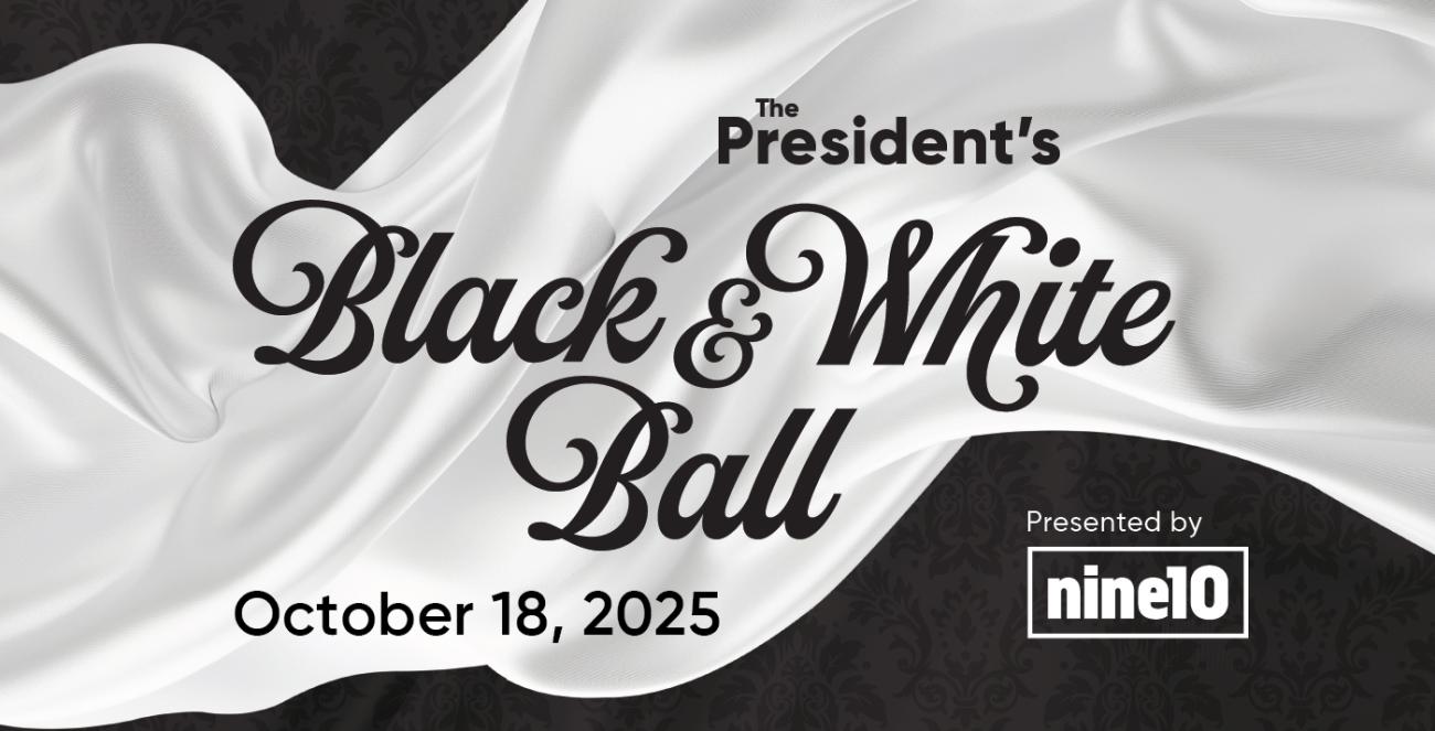 White fabric flowing over black fabric with the Northwestern Polytechnic logo, Presented by nine10 Inc.'s logo, and the event title "The President's Black & White Ball."