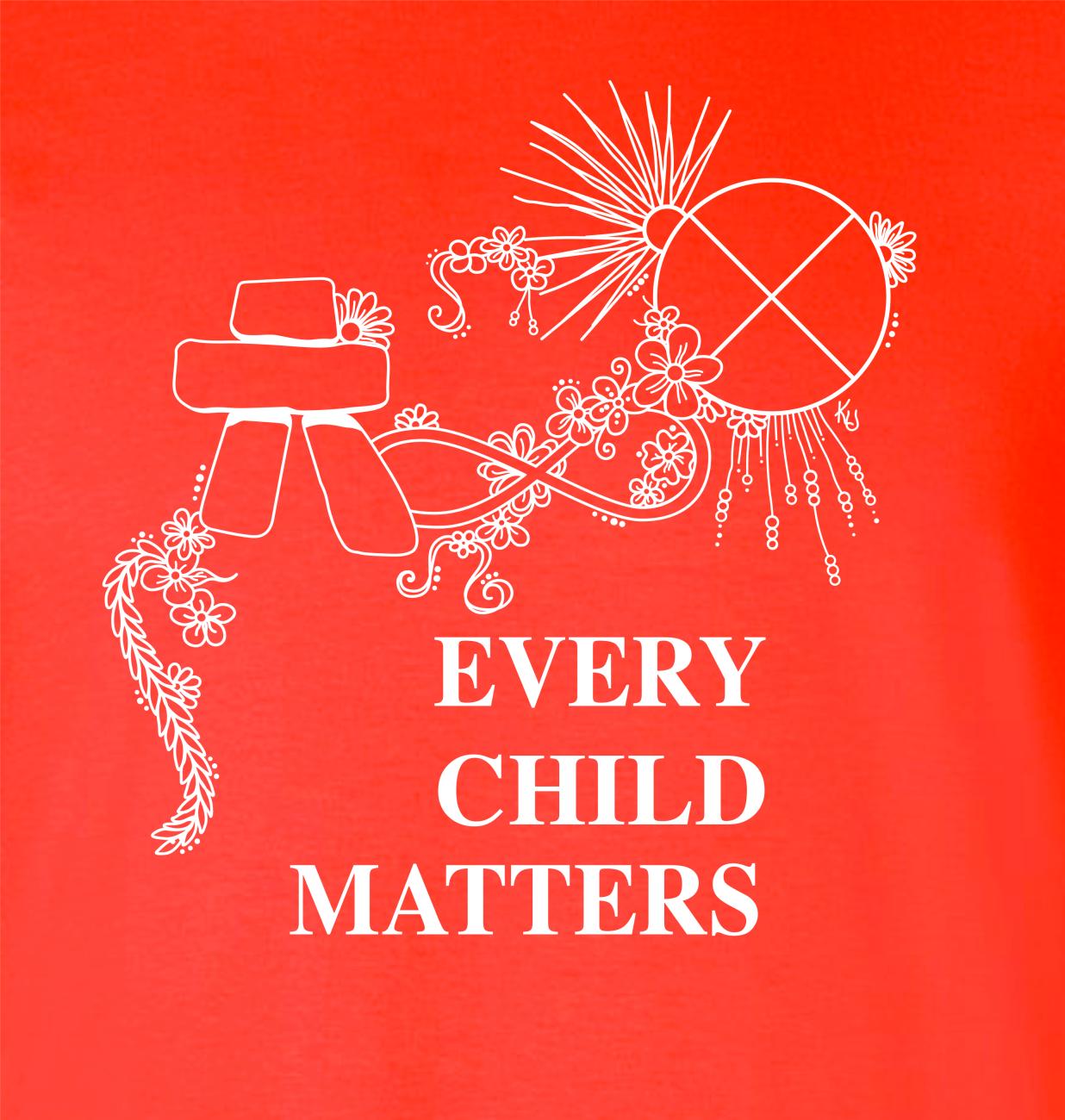 Illustration on a orange t-shirt with the words "Every Child Matters" along with important Indigenous symbols