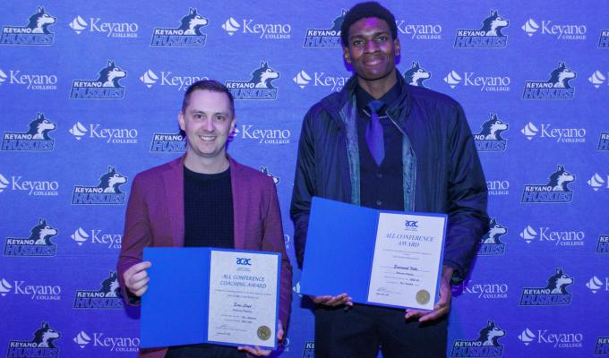 Coach Evan Lloyd (left) and 4th Year Manny Iloka (right) Bring Home ACAC Men's Basketball Awards.