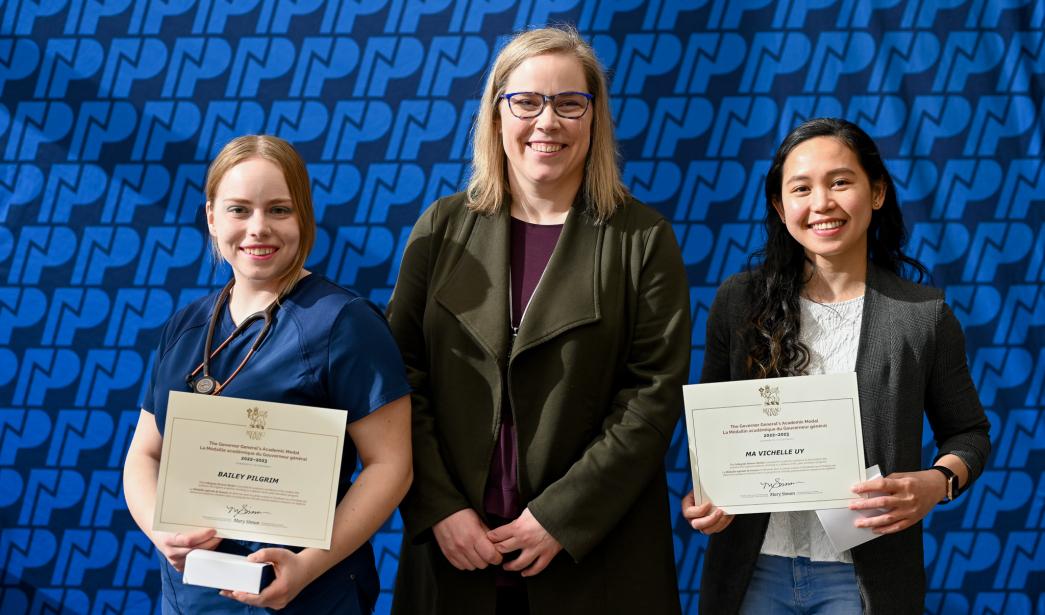 Governor General Award winner Bailey Pilgrim, NWP President and CEO Dr. Vanessa Sheane and Governor General Award winner Vichelle Uy