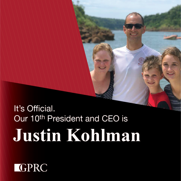 Justin Kohlman, pictured with family, has been appointed as GPRC's 10th President and CEO.