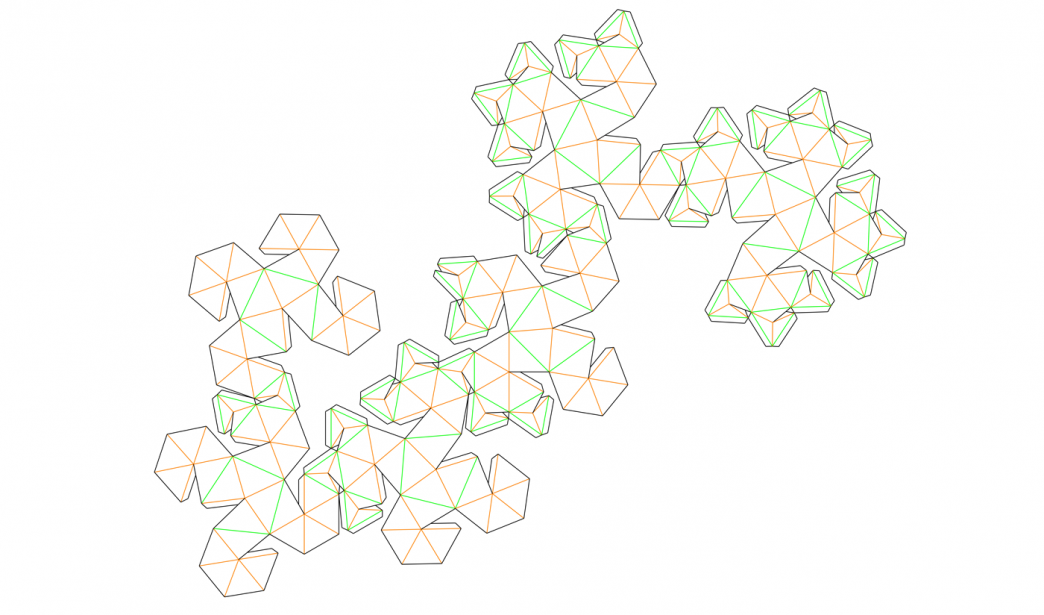 Net indicating mountain and valley folds for the Snub Cube-Pentagonal Icositetrahedron Compound.