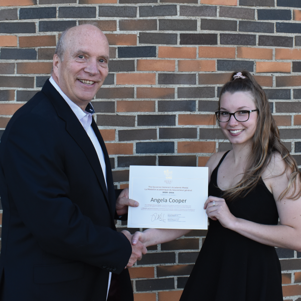 Angela Cooper, 2021 Governor General’s Collegiate Bronze Academic Medal recipient with Dr. Glenn Feltham, Acting GPRC President and CEO.