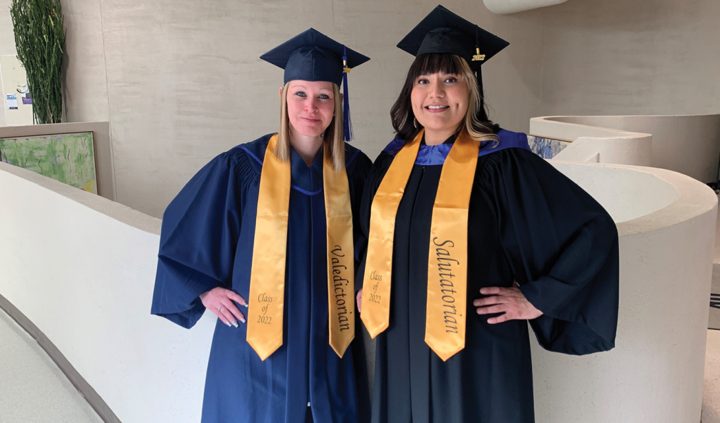 Valedictorian, Stephanie Meen (left) and Salutatorian, Lindsay Halcrow (right) celebrate their 2022 Convocation.