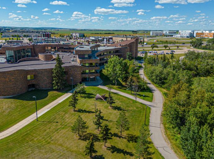 Aerial view of Grande Prairie Campus on a bright sunny summers day