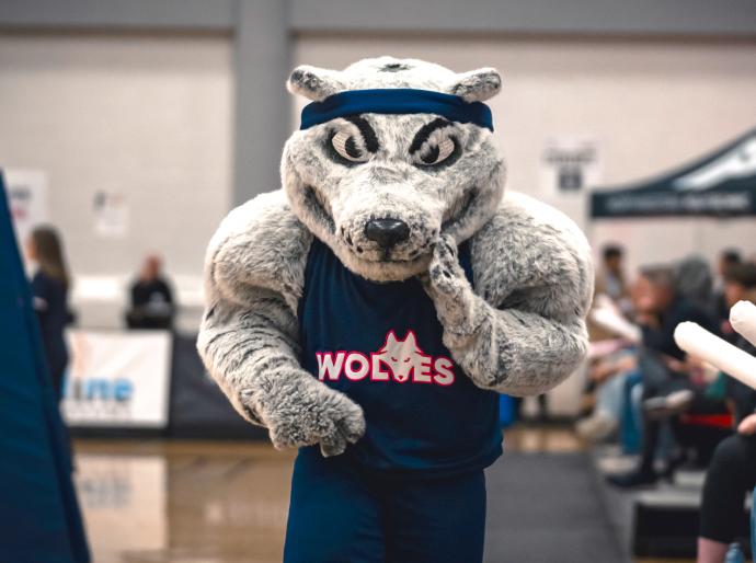 NWP Wolves mascot, Farley in a crowded gym