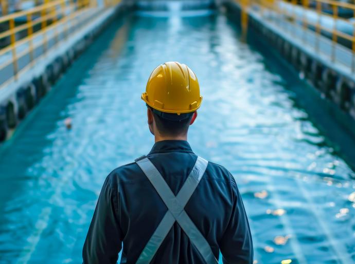 Water technician observing the clean wastewater in a treatment plant.