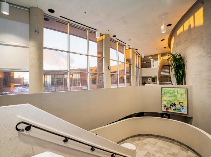 Stairwell and concourse at daybreak on the Grande Prairie Campus