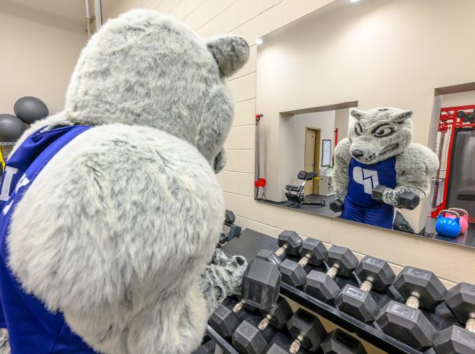Farley the mascot doing bicep curls in the high performance training centre