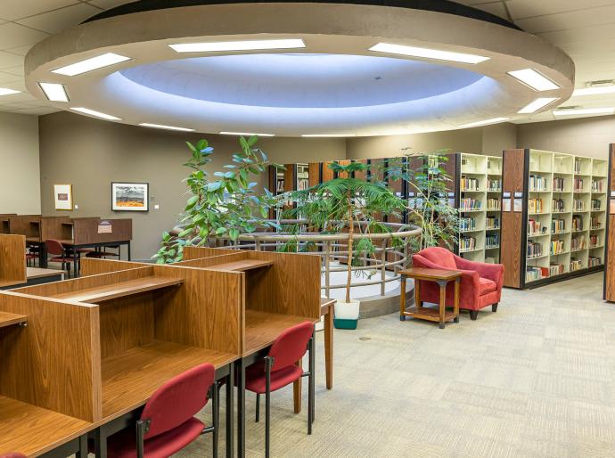 The upstairs of the Learning Commons featuring plants, books and comfortable seating under a large sky light.