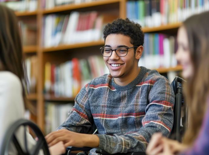 Student in a wheelchair engaging with other students in a library