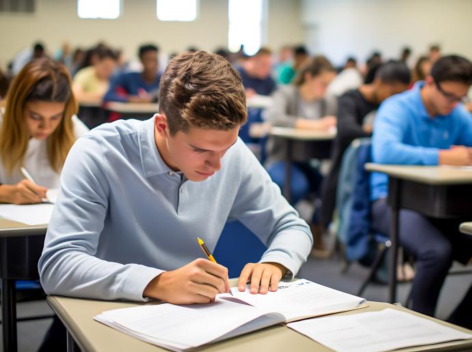 Student concentrating on his exam in a hall with other students