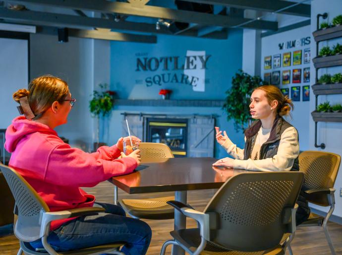 Two students socialising in the Notley Square lounge at Fairview Campus