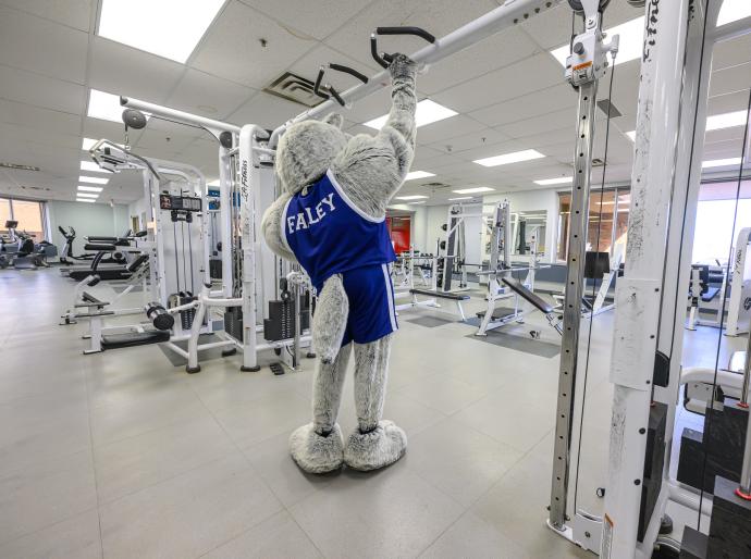 NWP wolves mascot Farley in the weight room on grande prairie campus