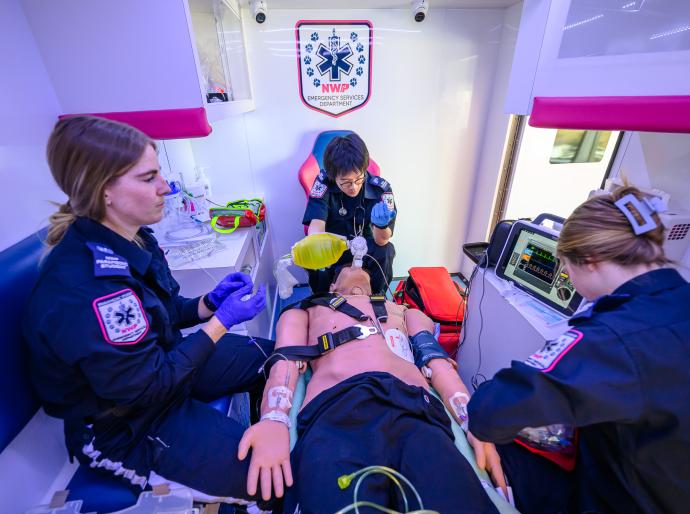 Students learning in the simulation ambulance