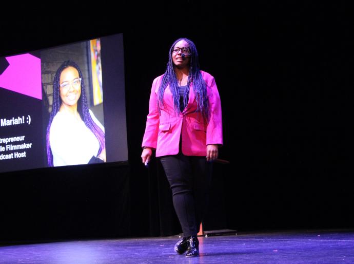 Mariah Braun, Alumni of the Business Administration program giving her keynote address at the 2025 Student Business Conference