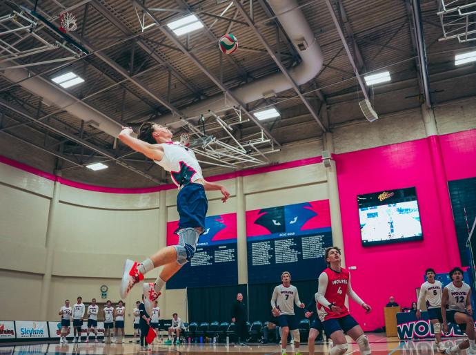 Wolves men's volleyball player floating in the air about to serve the ball