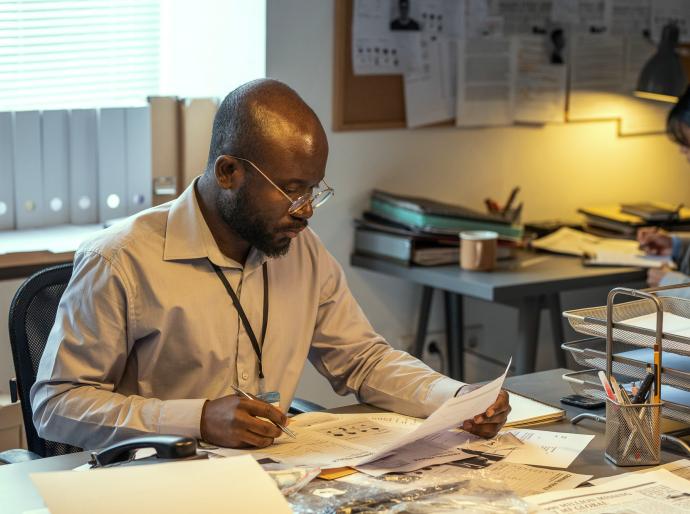 A focused researcher reading paperwork in a office with a research assistant in the background