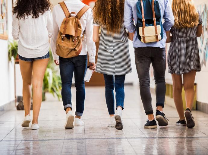Image of the back of a group of students walking to class.