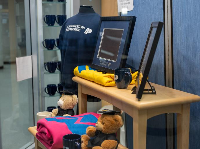 Merchandise display in the window of the NWP bookstore