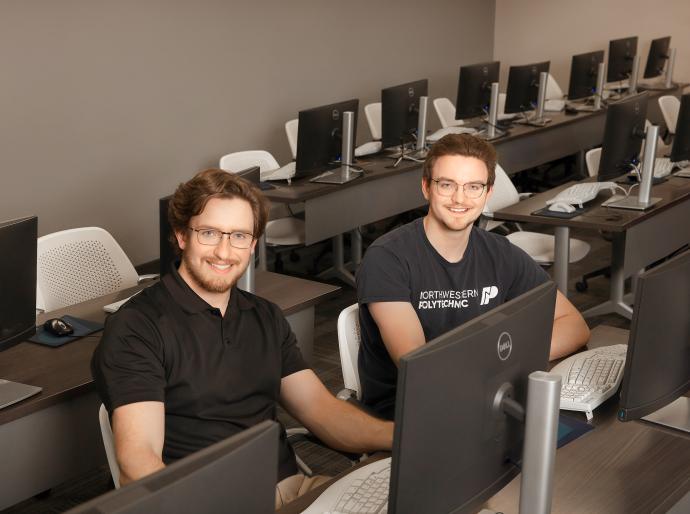 Computing science student, Ethan and Owen Rowney in the computer lab 