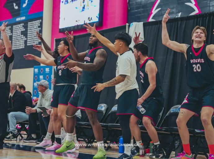 Men's basketball team reacting enthusiastically to an exciting play on the court