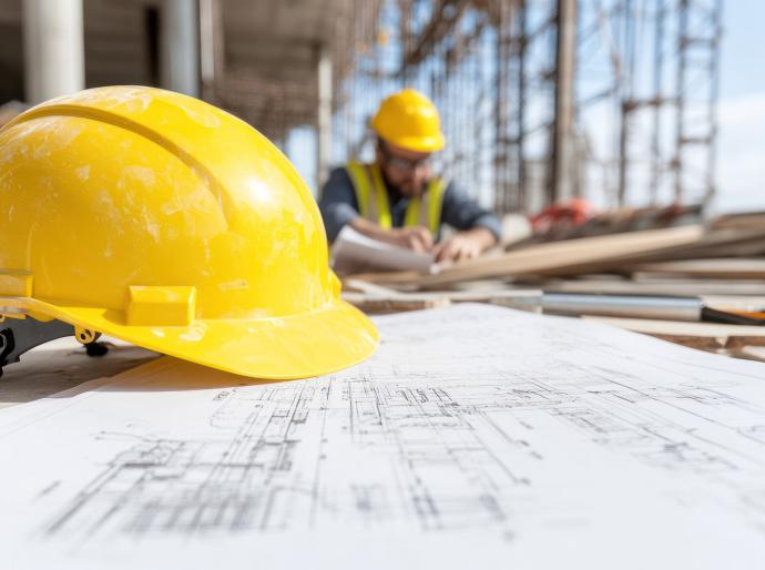 Hard hat sitting on work table with construction working looking at blueprints in background