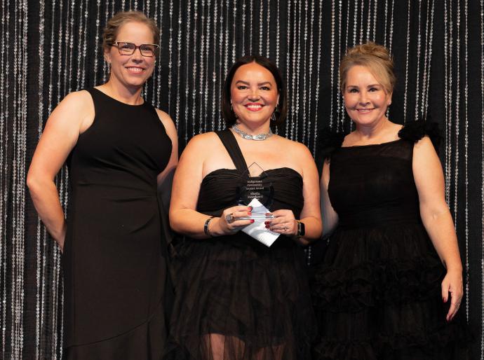 Sheila Moerkoert, Indigenous Community Impact Award Recipient flanked by NWP's Board Chair, Shawna Miller, and President and CEO, Vanessa Sheane