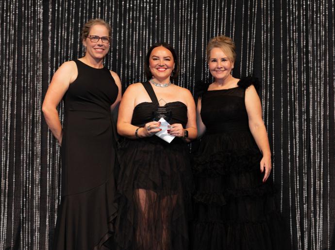 Sheila Moerkoert, Indigenous Community Impact Award Recipient flanked by NWP's Board Chair, Shawna Miller, and President and CEO, Vanessa Sheane