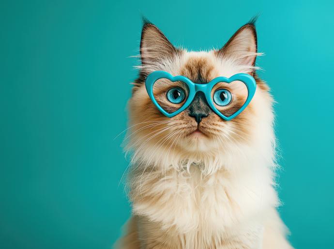 A fluffy cat wearing blue heart shaped glasses looking at the viewer