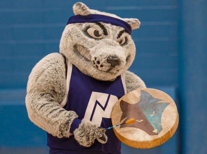 Farley, the Wolves mastcot holding an Indigenous hand drum and beater