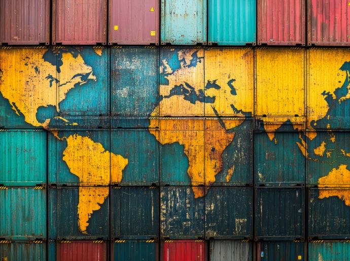 Map of the globe superimposed over the top of a colourful stack of shipping containers