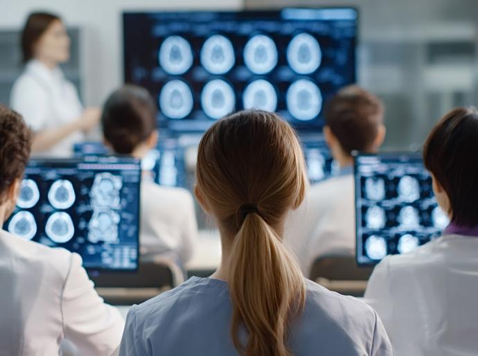 A group of radiology students sitting in front of computers in a classroom observing a set of xrays